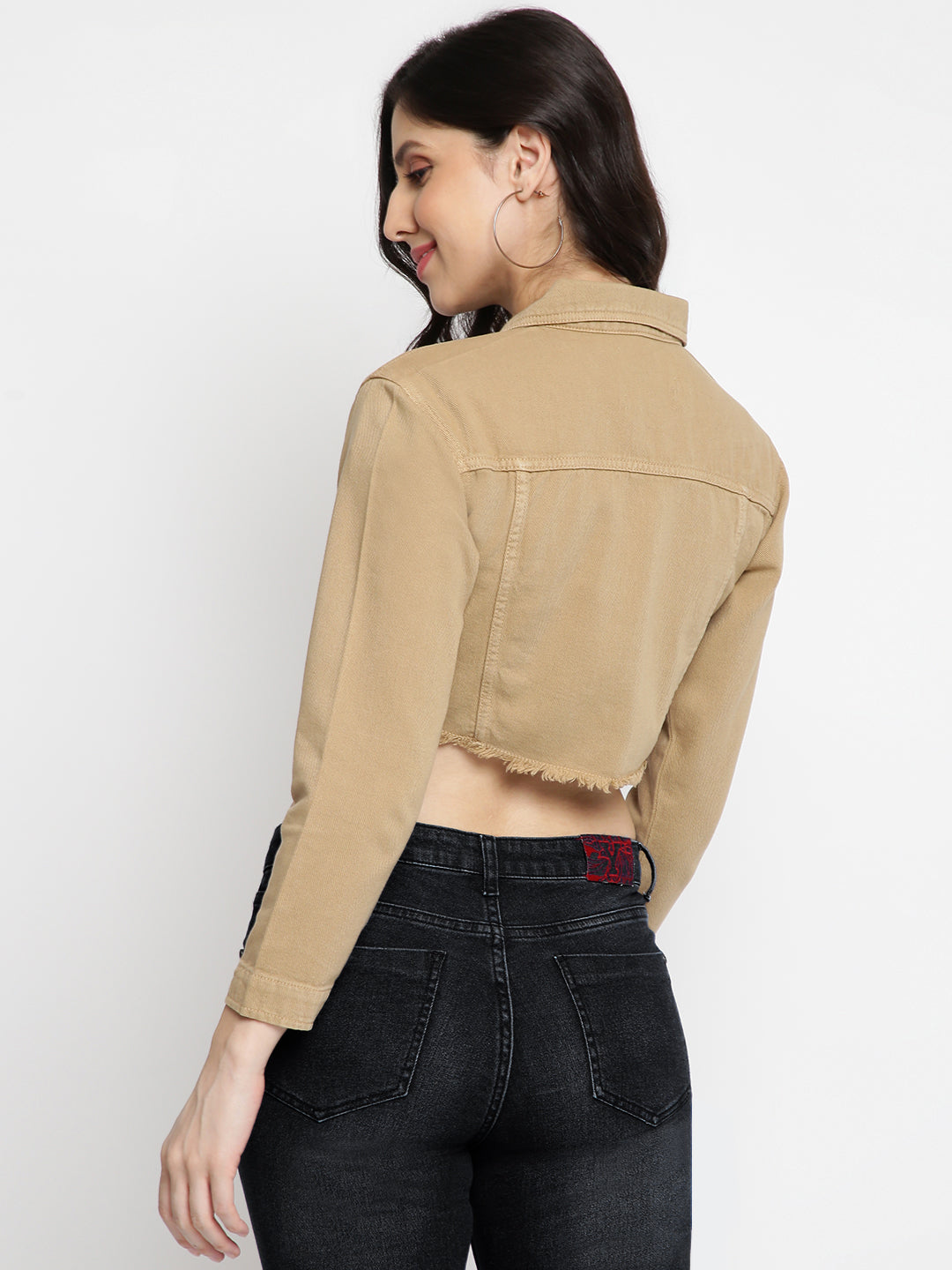 Women Khakhi Cropped Denim Jacket