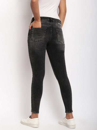 Women Black Mid Waist Skinny Fit Distressed Denim Jeans