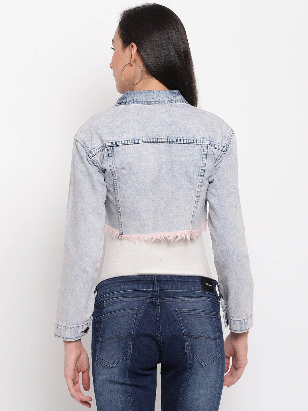 Women Pink Tinted Cropped Denim Jacket