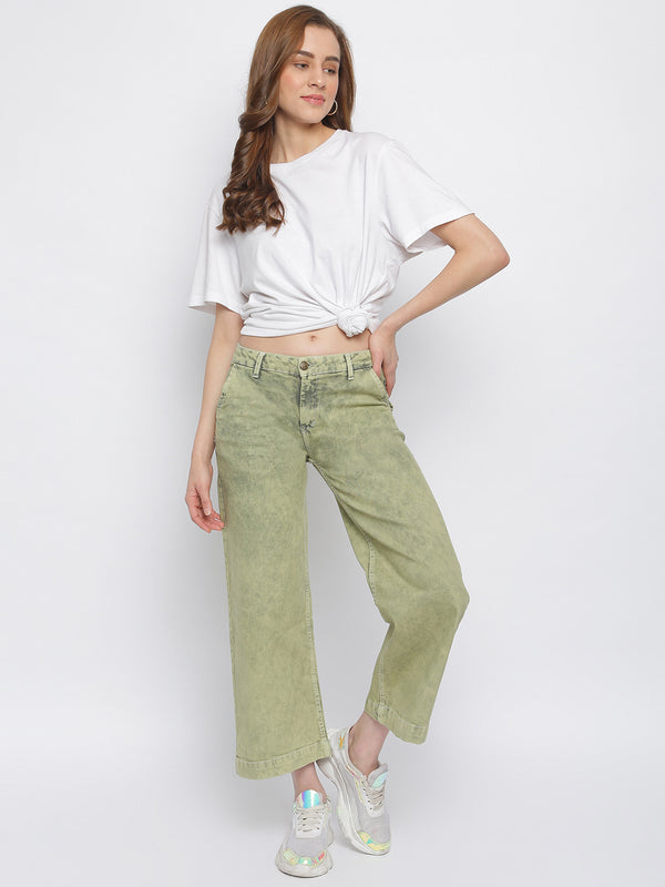 Women Olive Flared Denim Jeans