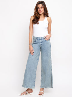 Women Light Blue Split Flared Jeans