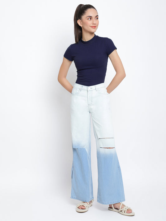 Women Blue Distressed Flared Jeans 