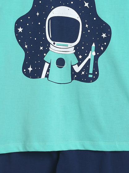 Boys Navy Blue & Green Printed Cotton Night Suit