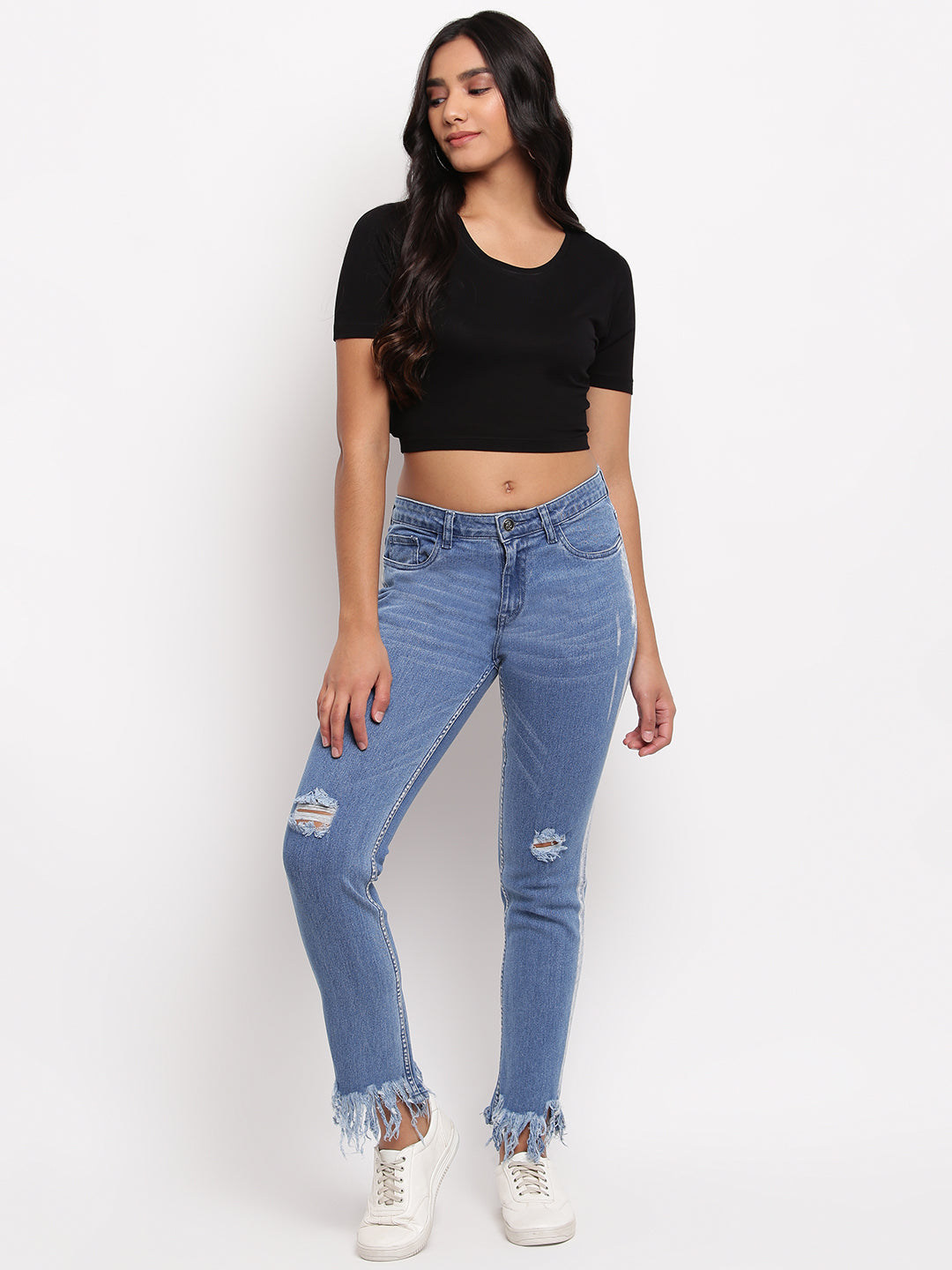 Women Mid Blue Slim Fit Distressed Denim Jeans