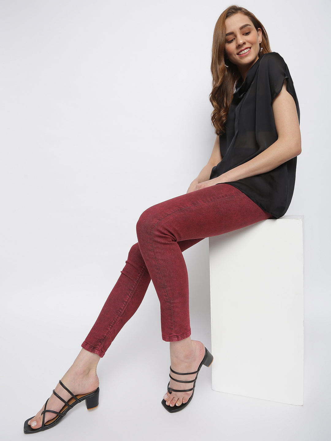 Women Maroon Denim Jegging