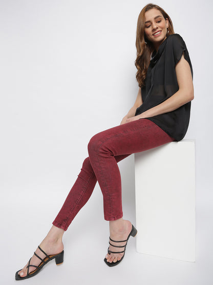 Women Maroon Denim Jegging