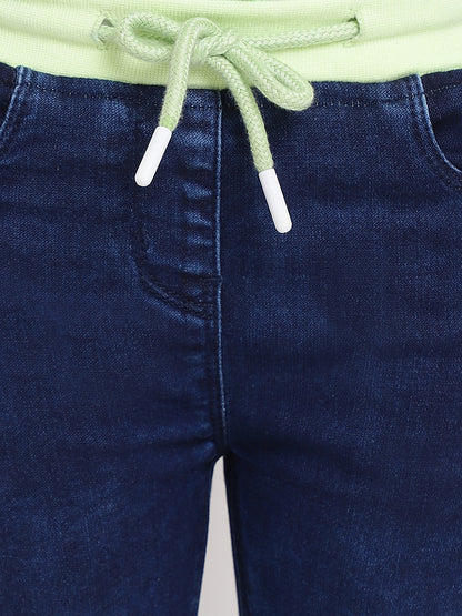 GIRLS SLIM FIT DARK BLUE CAPRI WITH LIME GREEN WAISTBAND