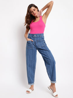 Women Striped Denim Mom Fit Jeans