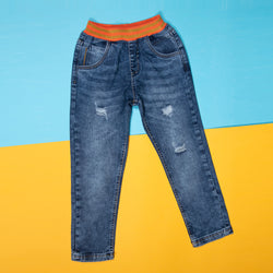 BOYS MID BLUE DENIM CASUAL JOGGERS WITH ORANGE WAISTBAND