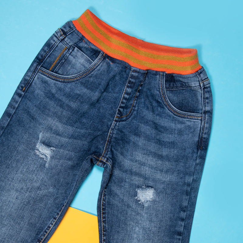 BOYS MID BLUE DENIM CASUAL JOGGERS WITH ORANGE WAISTBAND