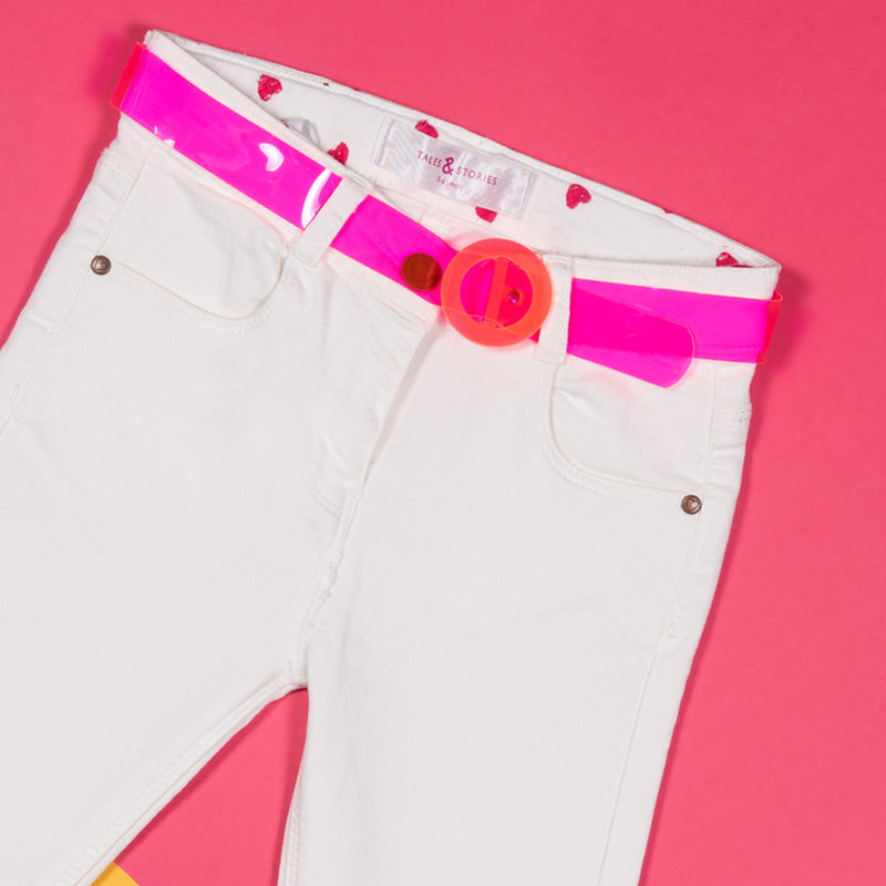 Girls Slim Fit White Casual Jeans With Pink Belt