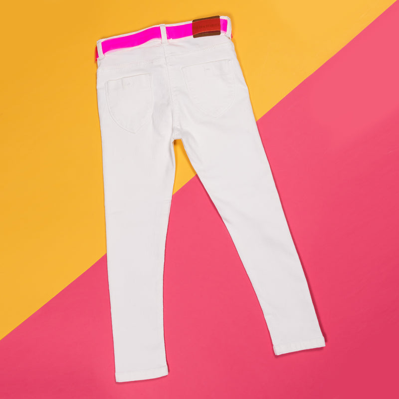 Girls Slim Fit White Casual Jeans With Pink Belt